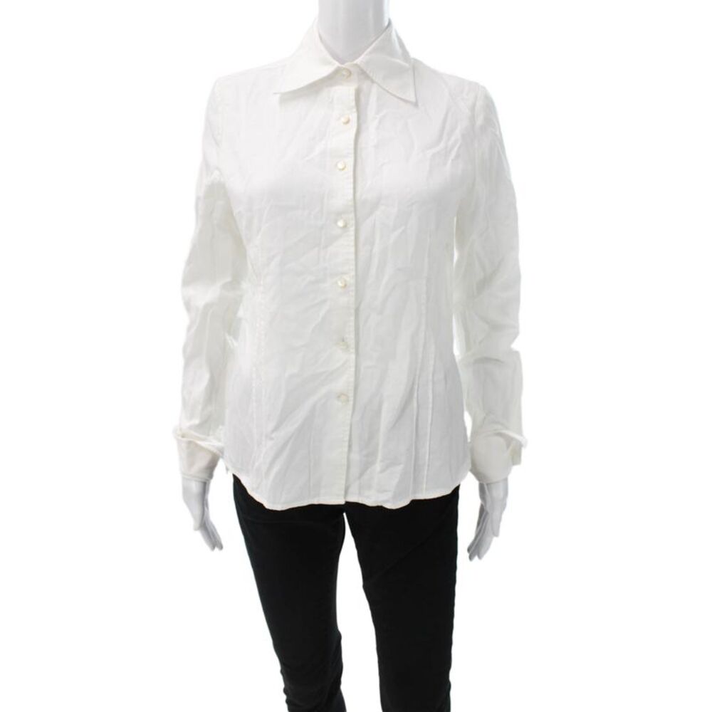 Faconnable Women Button-Up Cotton Collared Long Sleeve White Blouse Size S